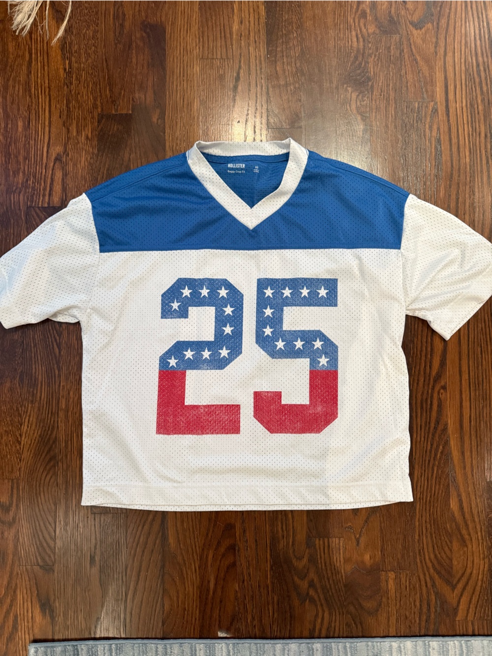 Hollister White, Blue & Red Athletic Jersey with 25 Graphic